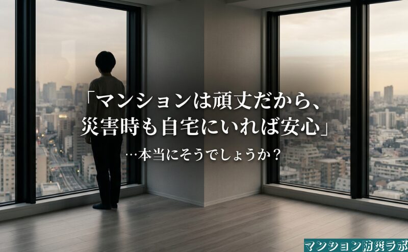 マンションは頑丈だから災害時も自宅にいれば安心、という思い込みに問いを投げかけ、条件確認の必要性を示す場面。