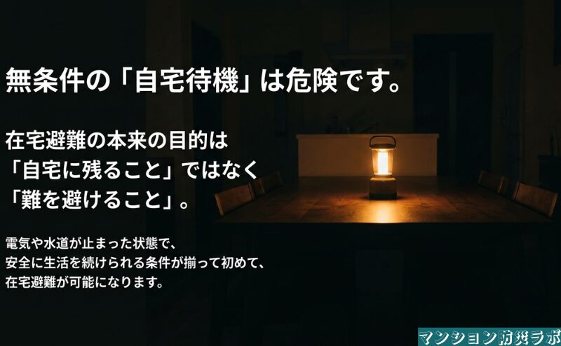 在宅避難の目的は自宅に残ることではなく難を避けることで、停電や断水時も安全に生活できる条件が必要だと整理した図。