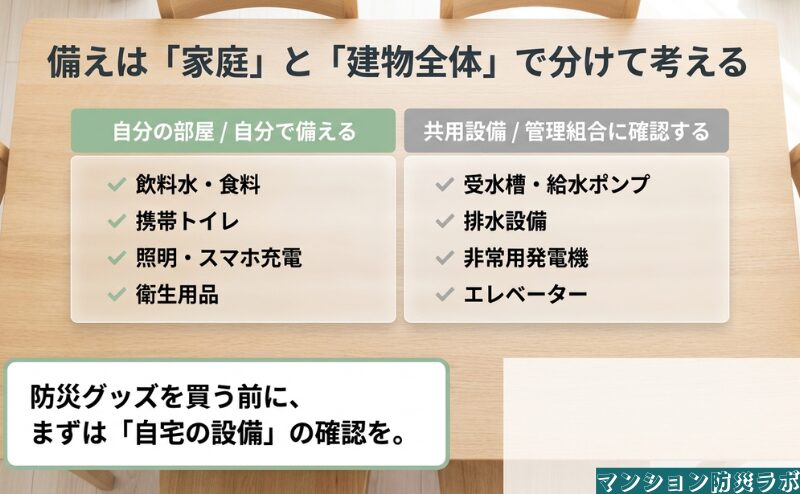 飲料水や携帯トイレなど家庭で備える物と、給排水設備やエレベーターなど管理側へ確認する設備を分けた図。