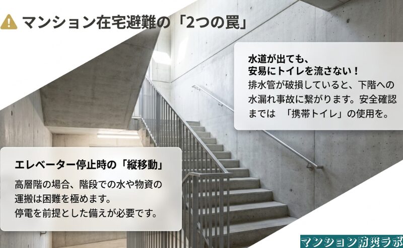 排水設備が不明な間はトイレを流さないことと、エレベーター停止時の階段移動や物資運搬の負担という二つの注意点を示す図。