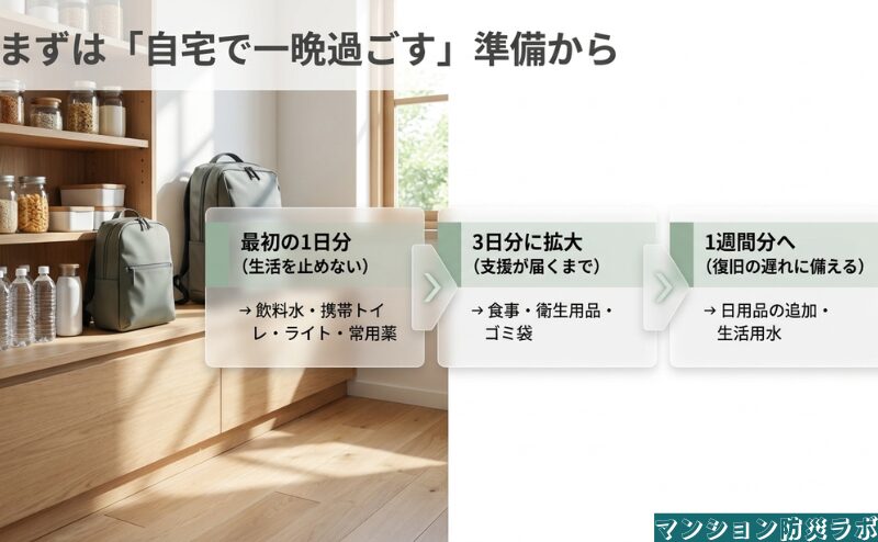 飲料水や携帯トイレなどを、生活を止めない一日分から三日分、さらに一週間分へ段階的に増やす考え方を示す図。