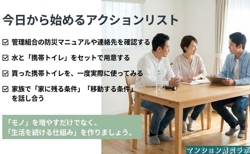 管理組合の連絡先確認、水と携帯トイレの準備、使用練習、家族での避難条件共有という行動項目をまとめた図。