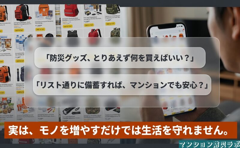 防災用品をリストどおりに増やすだけでなく、マンションで暮らしを続ける条件から備えを考える必要性を示した図。