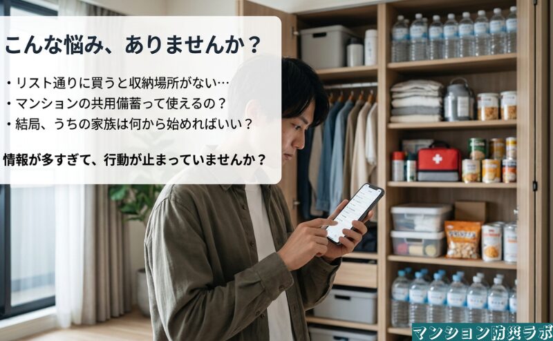 収納場所の不足、共用備蓄の利用条件、家族が何から始めるかなど、マンション防災で生じやすい悩みを整理しています。