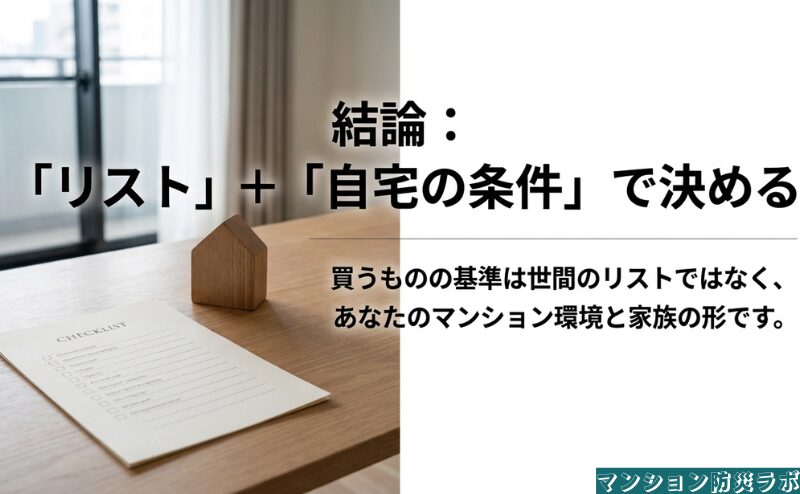 防災備蓄は一般的な必要品リストだけで決めず、マンション環境や家族の条件に合わせて調整するという結論を示しています。