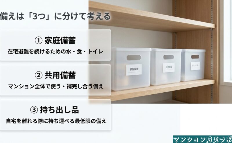 防災の備えを、在宅避難用の家庭備蓄、マンション全体で使う共用備蓄、避難時の持ち出し品に分けて示しています。
