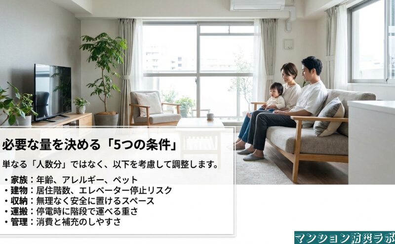家族、建物、収納、運搬、管理の五つを確認し、人数だけでは決められない備蓄量を自宅に合わせて調整する考え方をまとめています。