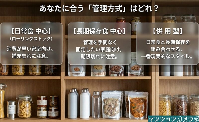 日常食中心、長期保存食中心、併用型の特徴と注意点を比較し、家庭の消費や補充に合う管理方式を示しています。