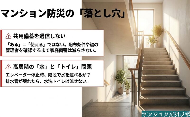 共用備蓄を無条件に頼らないことと、高層階での水の運搬や排水確認前のトイレ使用に注意する必要性を整理しています。