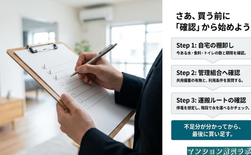 自宅の棚卸し、管理組合への共用備蓄確認、停電時の運搬経路確認を行い、不足が分かってから買い足す手順を示しています。