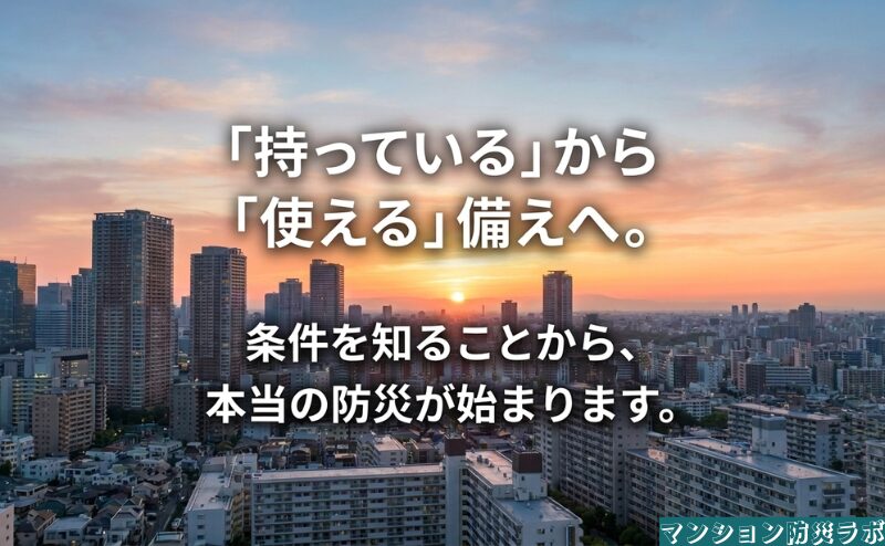 防災用品の品数だけで満足せず、自宅の条件を確認して、災害時に実際に使える備えへ変える重要性を伝えています。