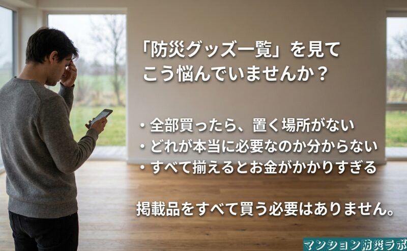 防災グッズ一覧を見たときに、収納場所、必要性、費用で迷いやすい点と、掲載品をすべて買う必要はないという結論を整理。