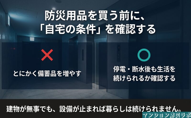 防災用品の購入を先にせず、停電や断水後も自宅で生活できる設備条件を確認する考え方を対比して整理した図。