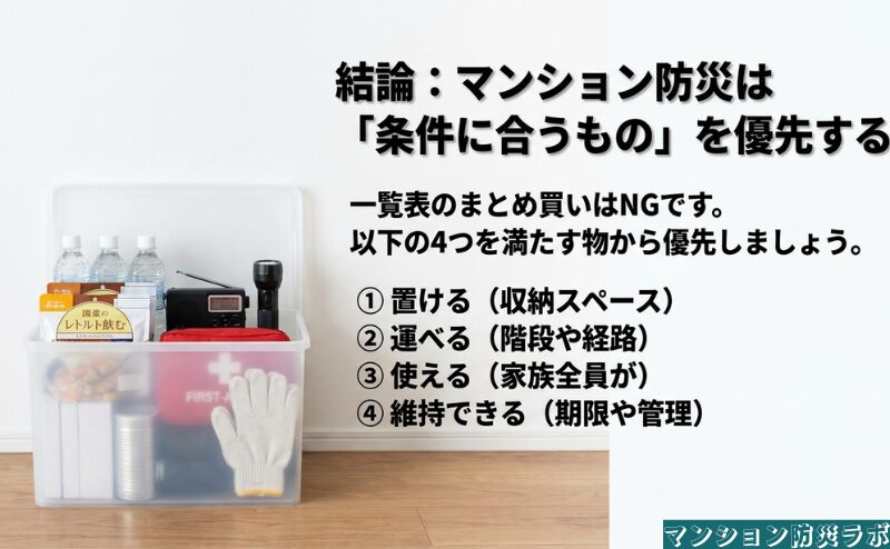 マンションの防災用品を選ぶ際に、置ける・運べる・使える・維持できるの四つを優先判断にする考え方を整理。