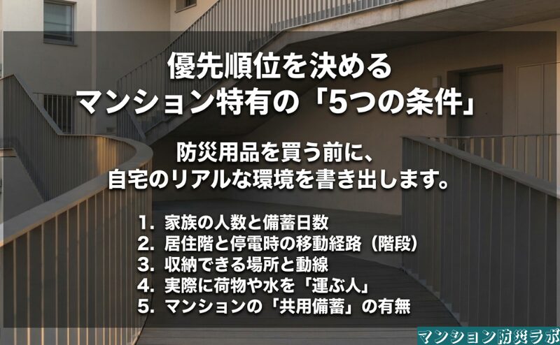 家族人数と備蓄日数、居住階、収納動線、運搬者、共用備蓄という、購入前に確認したい五つの条件を整理。