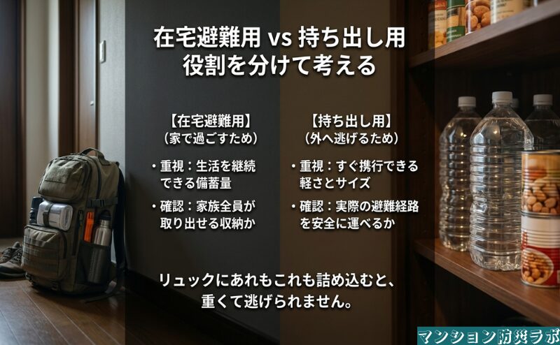在宅避難用は生活を続ける備蓄量、持ち出し用は携行できる重さと大きさを重視する違いを比較。