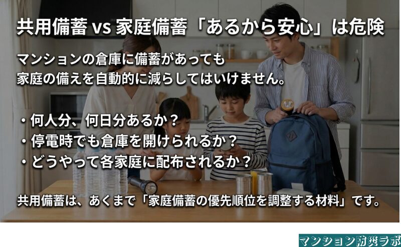 共用備蓄があっても家庭備蓄を自動的に減らさず、人数・日数・倉庫の利用・配布方法を確認する考え方を整理。