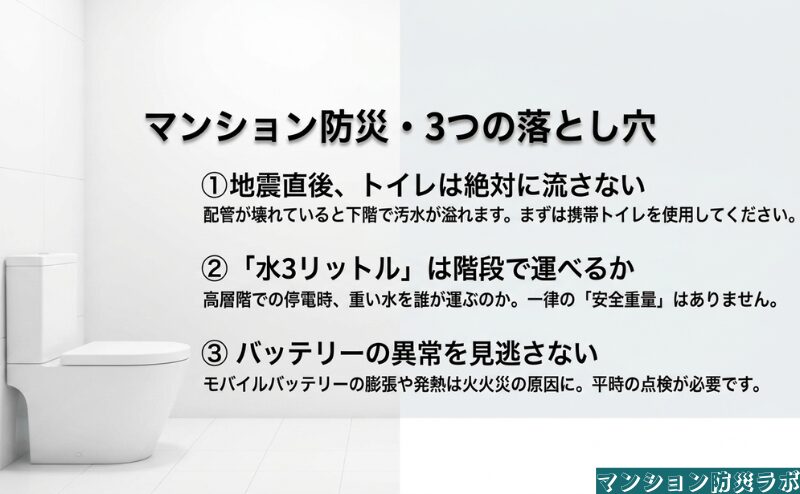 地震直後のトイレ、階段で運ぶ水、モバイルバッテリーの異常という、マンション防災の三つの注意点を整理。