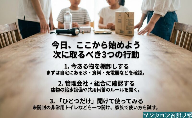 現在の備えを棚卸しし、管理会社や管理組合へ確認し、未開封用品を一つ試すという三つの行動を整理。