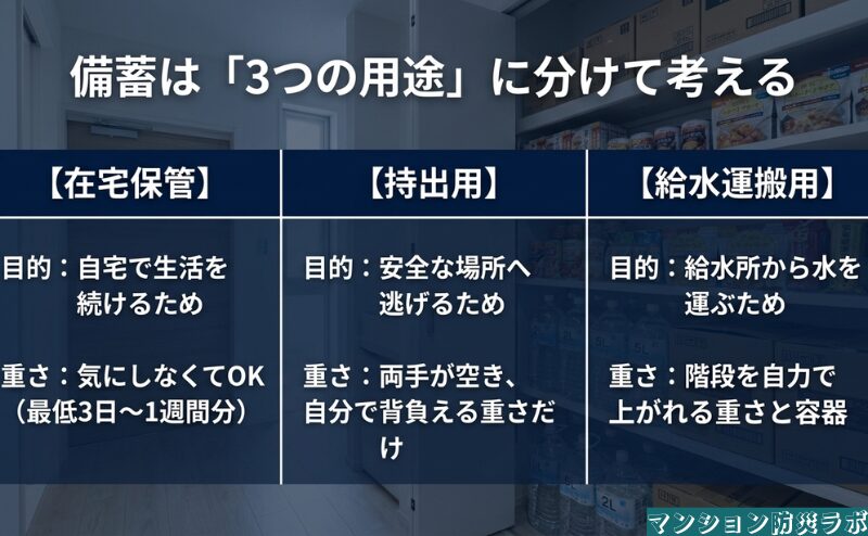 備蓄を在宅保管、持出用、給水運搬用の三つに分け、それぞれの目的と運び方の違い全体を具体的に整理した図。
