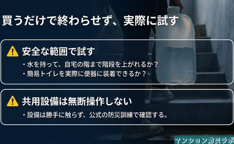 水の運搬や簡易トイレを安全な範囲で試し、共用設備は無断操作せず正式な訓練で確認する要点をまとめた図。