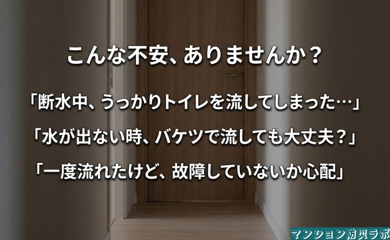 断水中に誤って流した場合、バケツ洗浄の可否、一度流れた後の故障不安という読者の疑問を整理した内容。