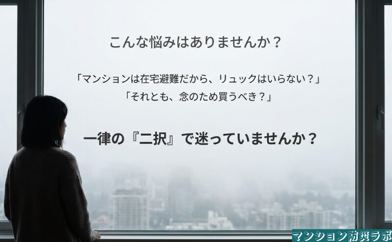 在宅避難ならリュックは不要か、念のため買うべきかという二択の迷いを示し、退避条件で考える本文へ導く内容。