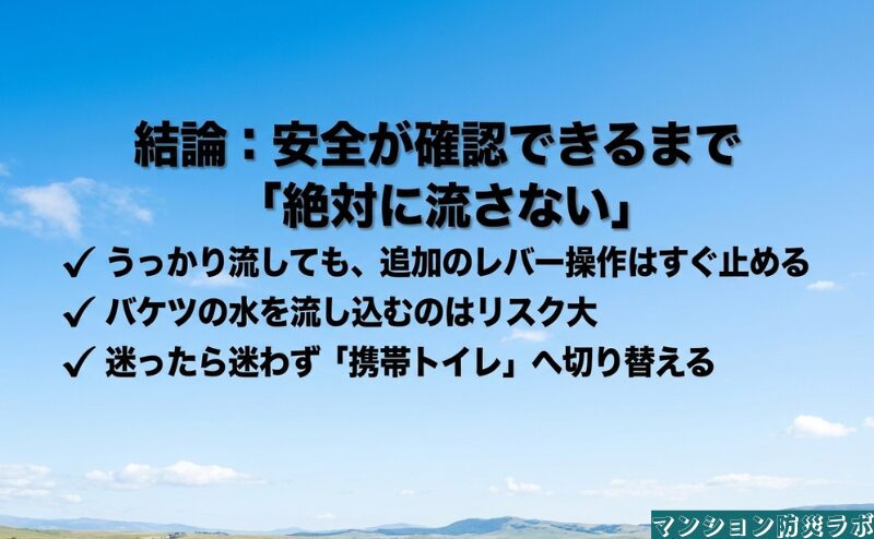 排水の安全が確認できるまでは流さず、追加操作を止め、判断に迷う場合は携帯トイレへ切り替える原則を整理。