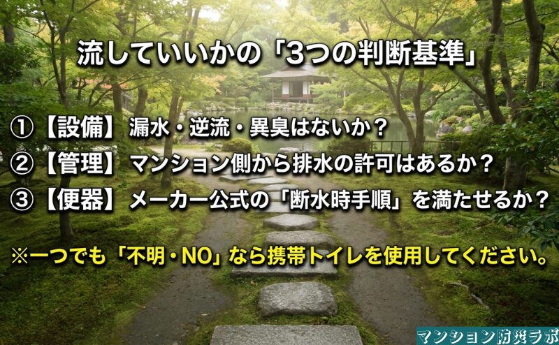 設備の異常、マンション側の排水許可、便器メーカーの公式手順という三条件から、流せるかを判断する基準。