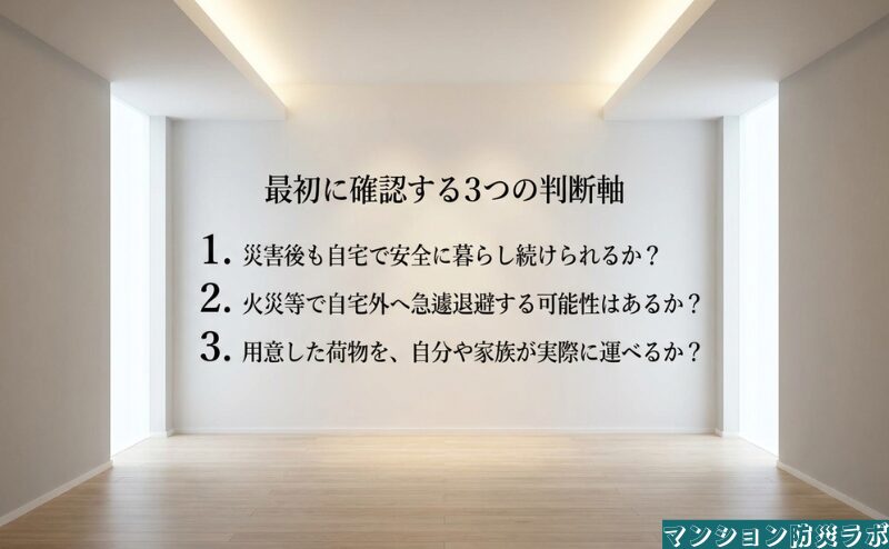 自宅で安全に暮らせるか、急な退避があり得るか、本人や家族が荷物を運べるかという三つの判断軸。