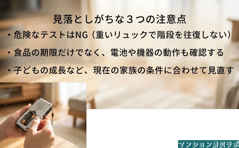 危険な階段テストを避け、食品だけでなく電池や機器の動作、現在の家族条件まで見直す三つの注意点。