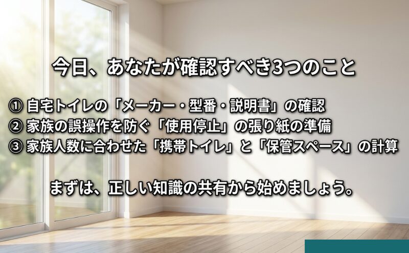 便器のメーカーと型番、誤操作防止の表示、家族人数に応じた携帯トイレと保管スペースを今日確認する手順。