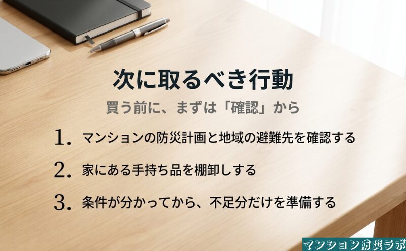 マンションの防災計画と避難先を確認し、手持ち品を棚卸ししてから不足分だけを準備する行動手順。