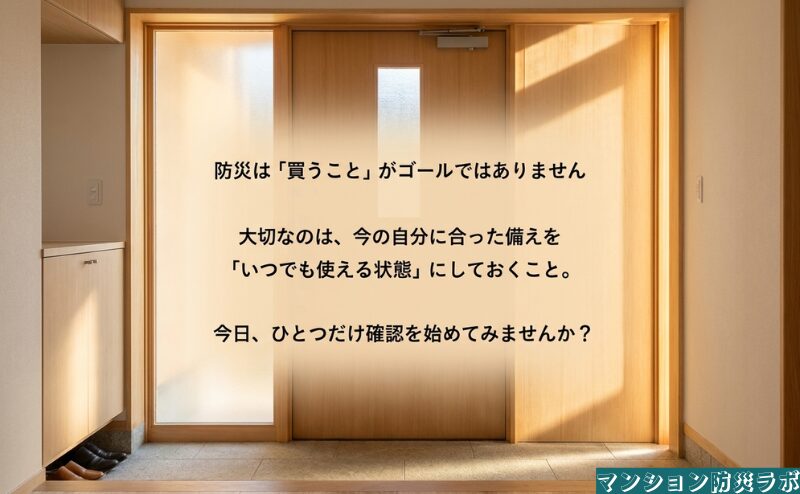 防災用品を買うこと自体を目的にせず、今の自分に合う備えをいつでも使える状態へ整える大切さを伝える内容。