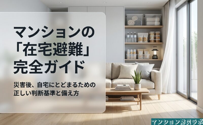 マンションの在宅避難について、災害後に自宅へとどまる判断基準と必要な備えをまとめた資料の表紙デザイン。
