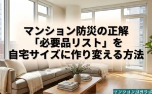 必要品リストをそのまま使わず、マンションや家族の条件に合わせて防災備蓄を整える記事のテーマを示しています。