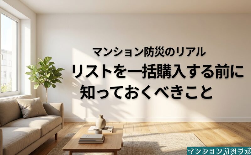 明るいマンションの室内を背景に、防災用品を一括購入する前に知っておきたい考え方と記事全体のテーマを示した表紙。