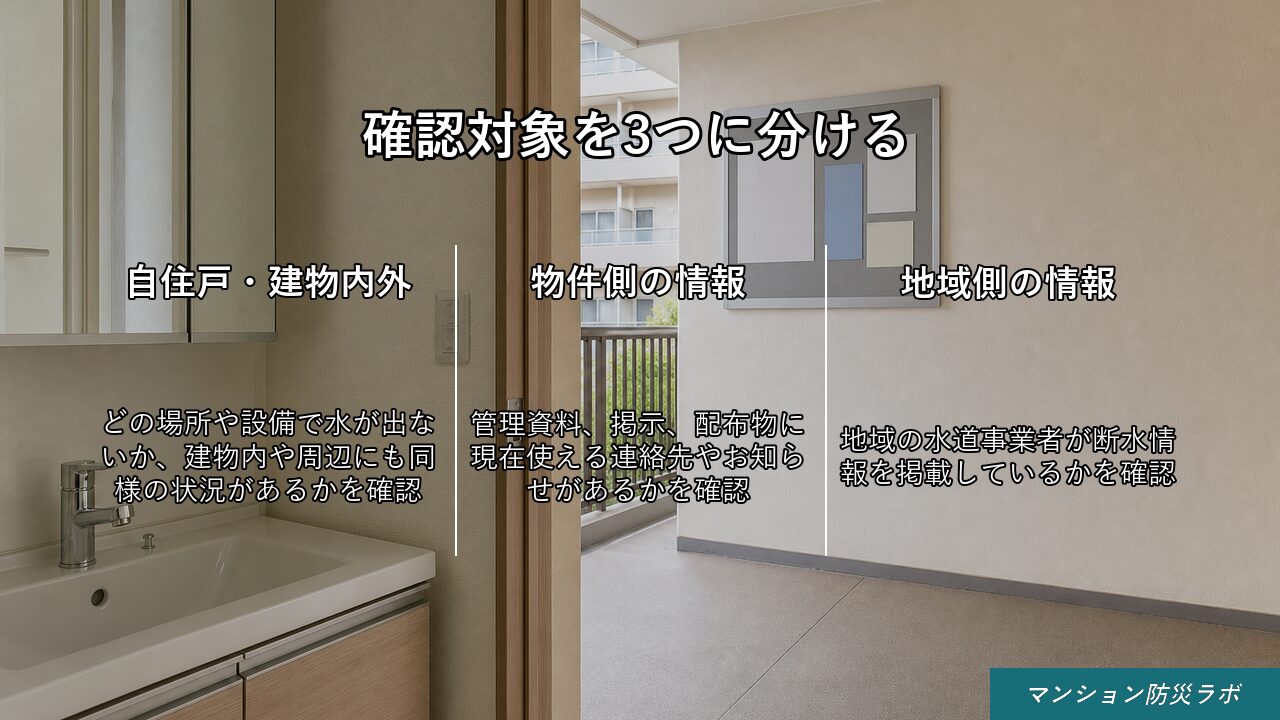マンションの掲示板と室内の洗面台