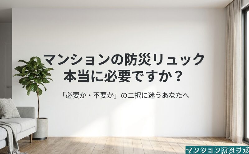 マンショマンションの防災リュックが本当に必要かを問い、必要・不要の二択で迷う読者へ記事テーマを示す表紙デザイン。ンの防災リュックが本当に必要かを問い、必要・不要の二択で迷う読者へ記事テーマを示す表紙デザイン。